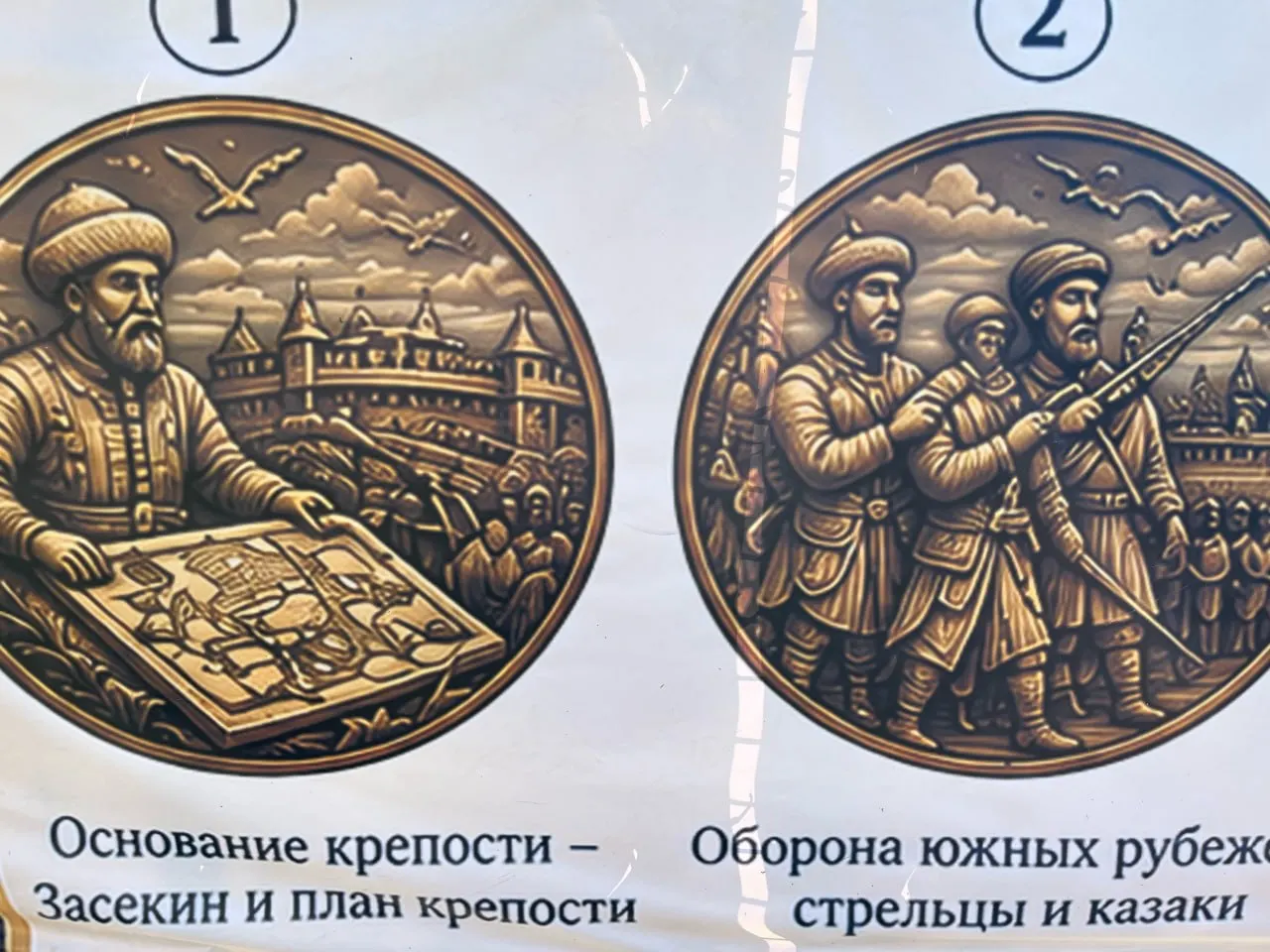 На ограждении стройплощадки размещены изображения будущего фонтана, включая карикатурные фигуры стрелков, князя Засекина и несуществующий герб.