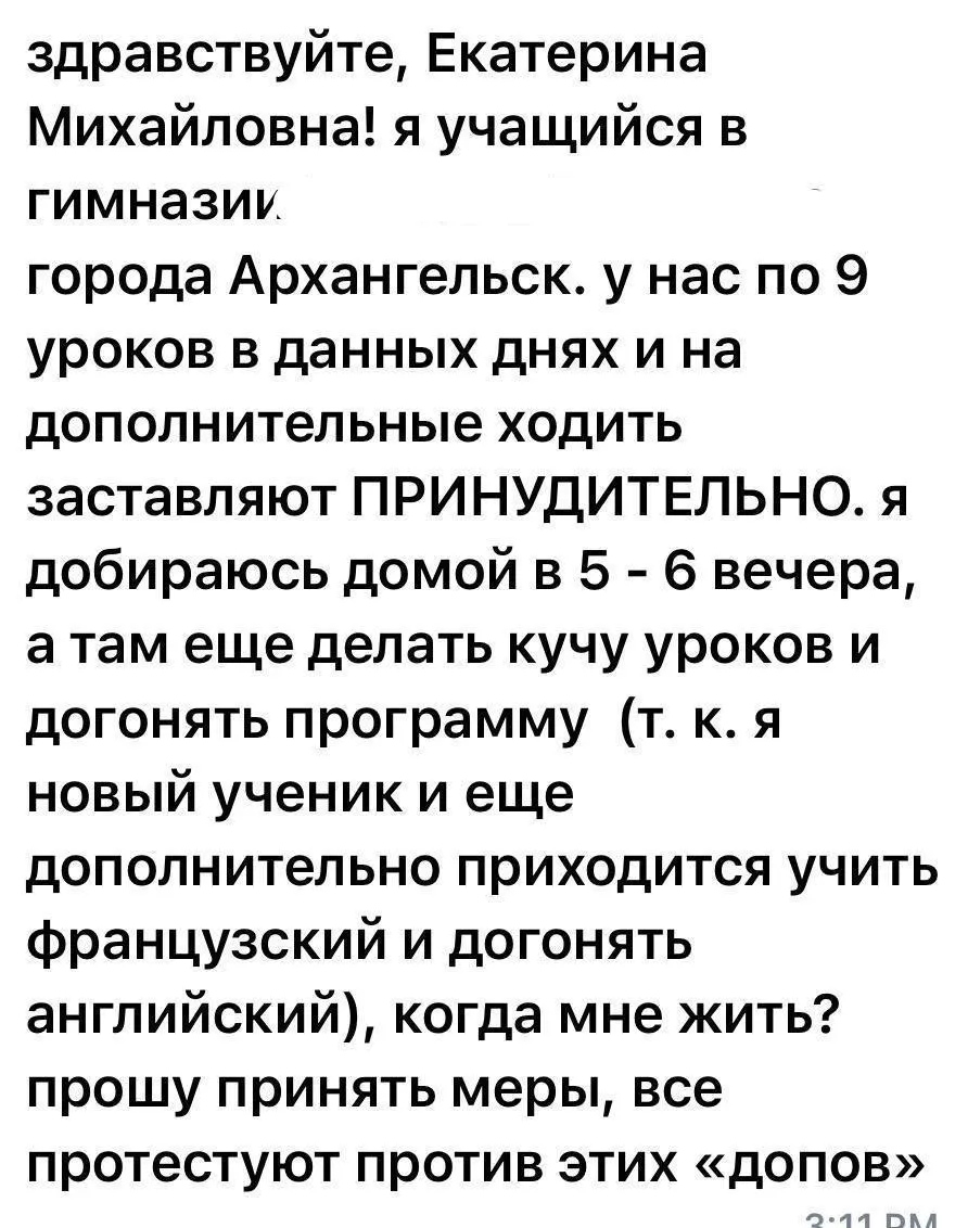 Школьник Архангельска пожаловался депутату Екатерине Мизулиной на перегрузку уроками; депутат рассказала, что число подобных обращений растёт.