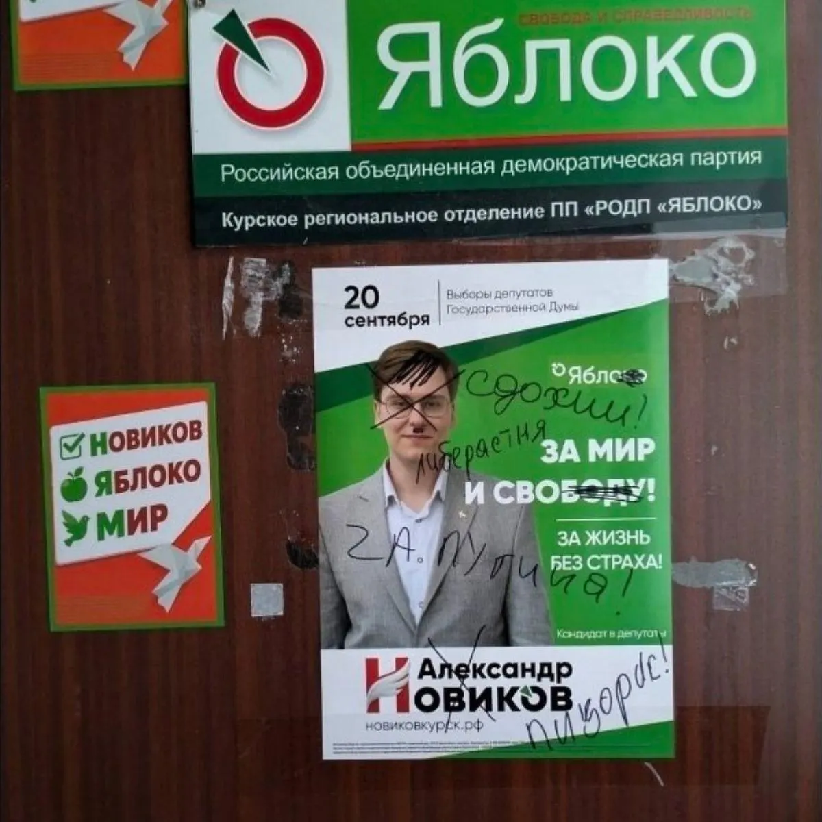 На плакате были изменены изображения и текст, появились угрозы и оскорбления в адрес кандидата; сам инцидент кандидат охарактеризовал как анонимное творчество конкурентов.