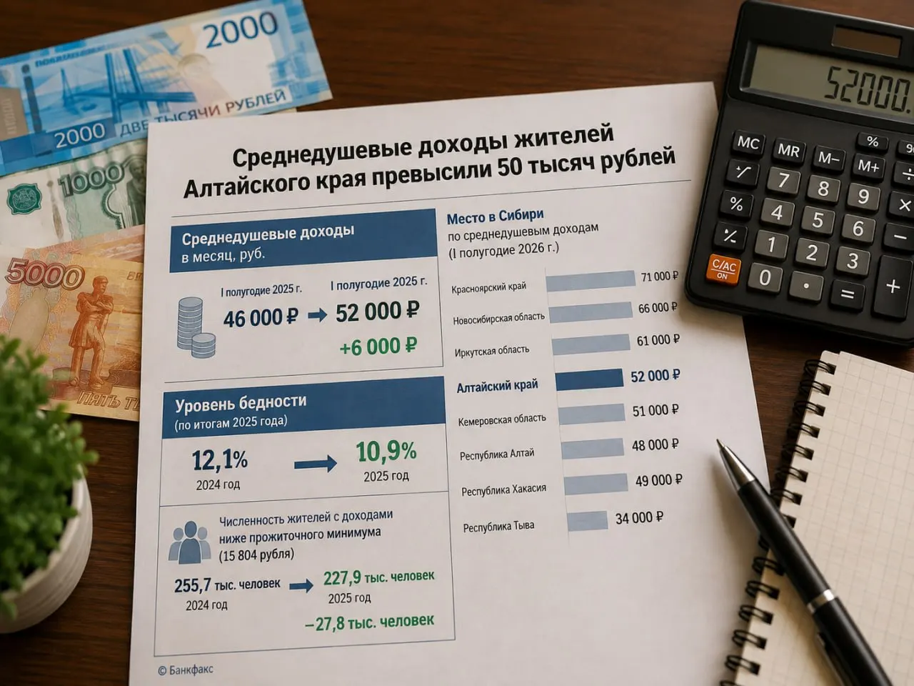 В I полугодии 2026 года средний доход на человека составил 52 тыс. руб., что на 6 тыс. руб. выше прошлого года. Уровень бедности снизился до 10,9%.