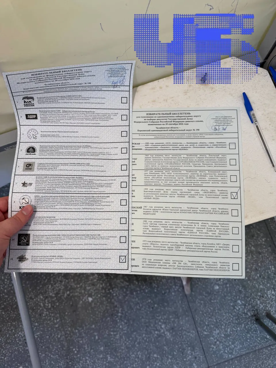 Пользователь прислал фото бюллетеня из Коркинского округа №190: кандидатка от «Новых людей» Полина Крепак получила поддержку, но на бюллетене перечеркнули другого кандидата и партия снята с выборов. Это осложняет голосование и вызывает тревогу по поводу свободного выражения позиции.