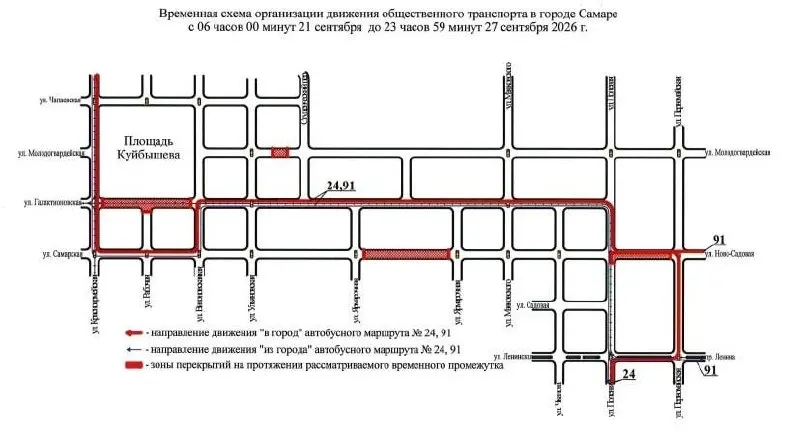Движение ограничено на участке; автобусы №24 и №91 объезжают по обходной схеме через близлежащие улицы. Ожидаются изменения в маршрутах до 27 сентября.