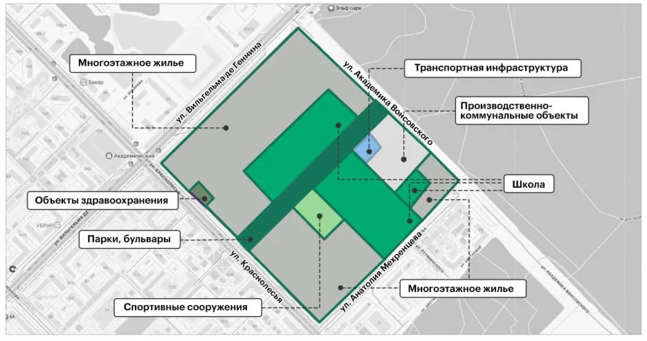 Новый квартал рядом с берёзовой рощей будет включать школу, больницу и бульвар; часть объектов перенесут в лесопарковую зону после переговоров с активистами.
