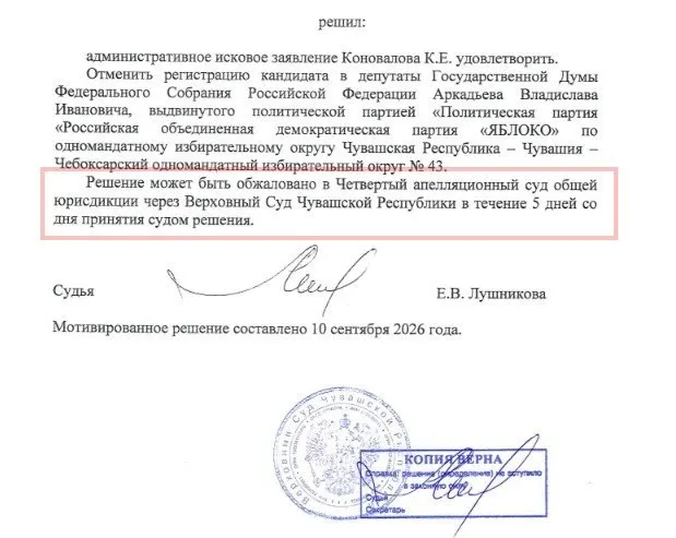 В Чувашии кандидат Владислав Аркадьев лишился регистрации на выборы после ряда судебных разбирательств; апелляцию не рассмотрели в установленный срок.