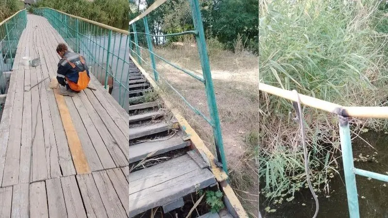 Рабочие заменили сгнившие доски, обновили лестницу и провели сварочные работы на перилах моста над озером Став.