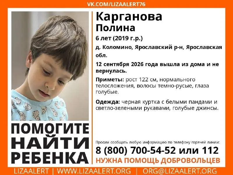 В деревне Коломино пропала шестилетняя Полина Карганова. Описания примет и номера для связи с поисковыми службами.