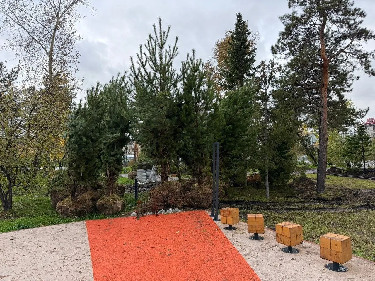 В рамках работ по озеленению в парке ведут посадку крупных деревьев, многолетников и обновляют газоны.