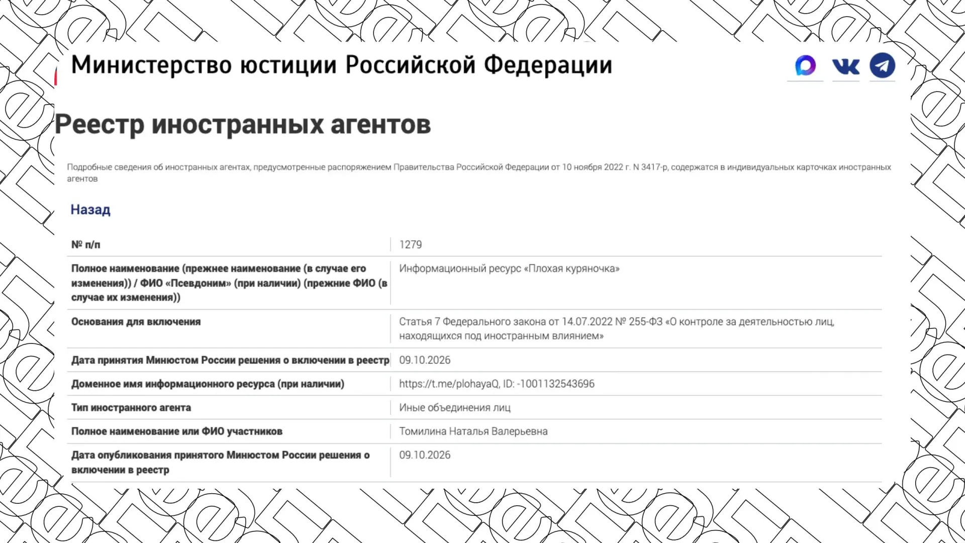 Минюст сообщил, что единственным участником анонимного телеграм-канала является Наталья Томилина.