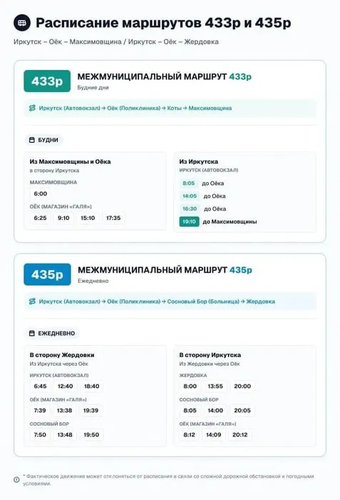Два новых маршрута № 433р и № 435р связывают Иркутск с Максимовщиной и Жердовкой. Узнайте расписание, стоимость проезда и остановки.
