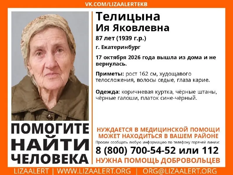 87-летняя жительница Екатеринбурга пропала 17 октября. В поиске задействованы волонтёры и службы розыска; просят свидетелей сообщать любую информацию.