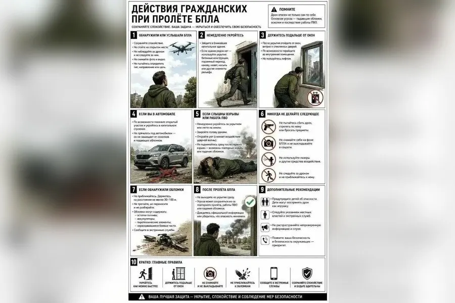 Памятка о поведении при атаке беспилотников: граждане должны сохранять спокойствие, укрываться в помещении и сообщать о замеченных БПЛА.