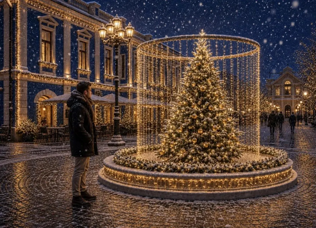 В чаше фонтана на Кирова разместили живую елку; сверху вокруг нее планируют гирлянду, которая будет менять форму и стиль в зависимости от времени года.