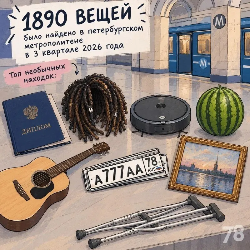 За третий квартал 2026 года пассажиры Петербургского метрополитена оставили почти 1 900 предметов. В рейтинг необычных находок вошли парик из дредов, арбуз и робот‑пылесос.