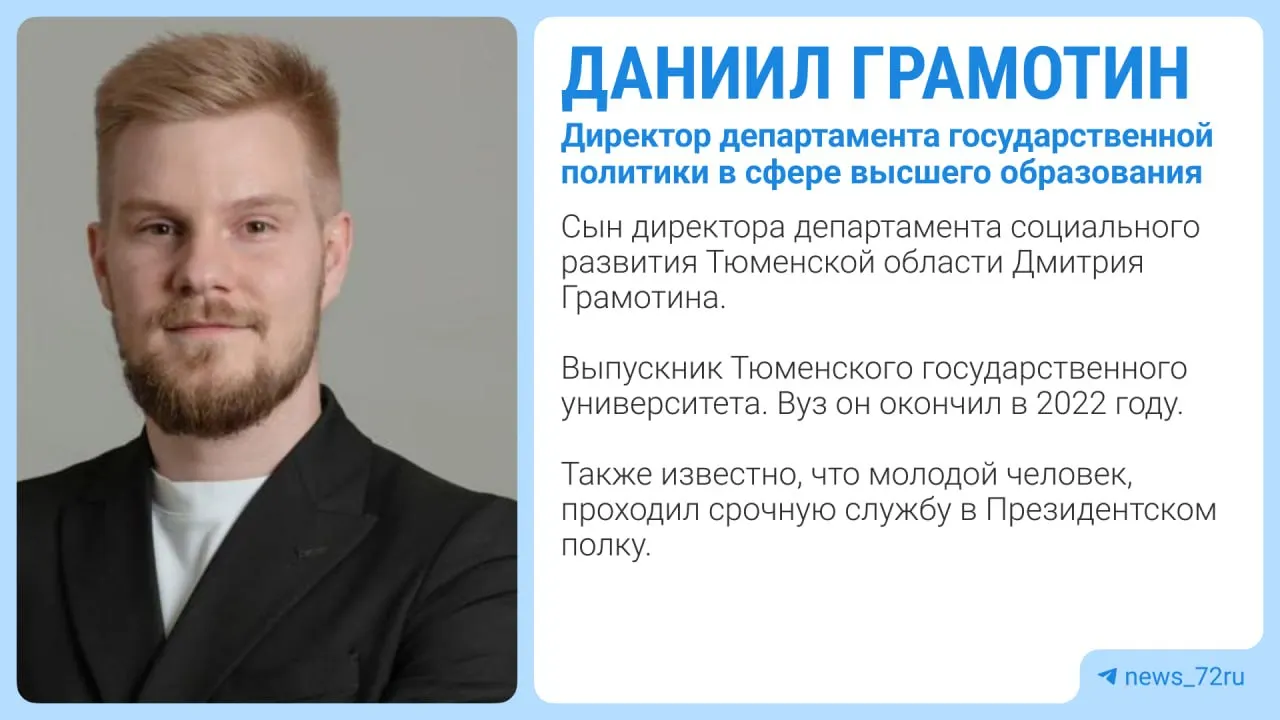 27-летний Даниил Грамотин стал руководителем департамента Минобрнауки России; он — сын главы департамента социального развития Тюменской области.