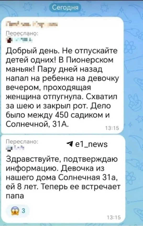 Распространяются слухи о якобы нападении на ребенка в районе Пионерского, но правоохранители заявляют, что сообщение не соответствует действительности.